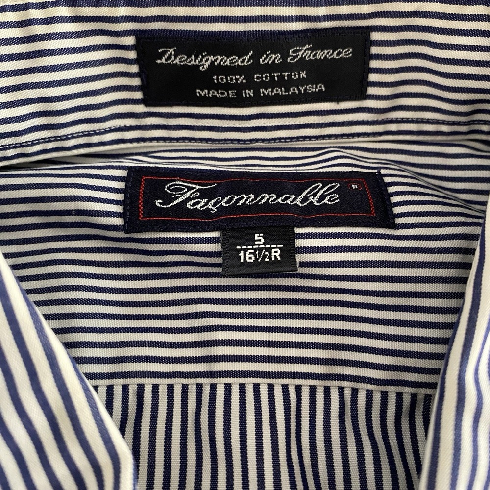 Faconnable Shirt 5 16.5R Navy Stripe Button Up 100% Cotton Long Sleeve France‎ - Picture 6 of 16